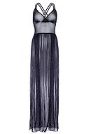 Long dress, sheer mesh, high slit, crossing straps, shimmering lurex